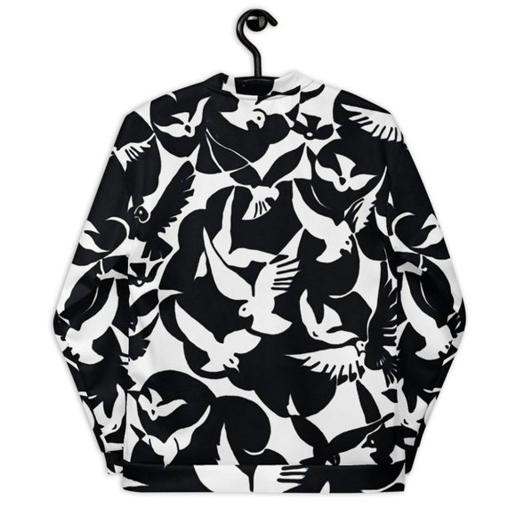 Pigeons in White and Black Pattern Unisex Bomber Jackets. - Picture 8 of 12